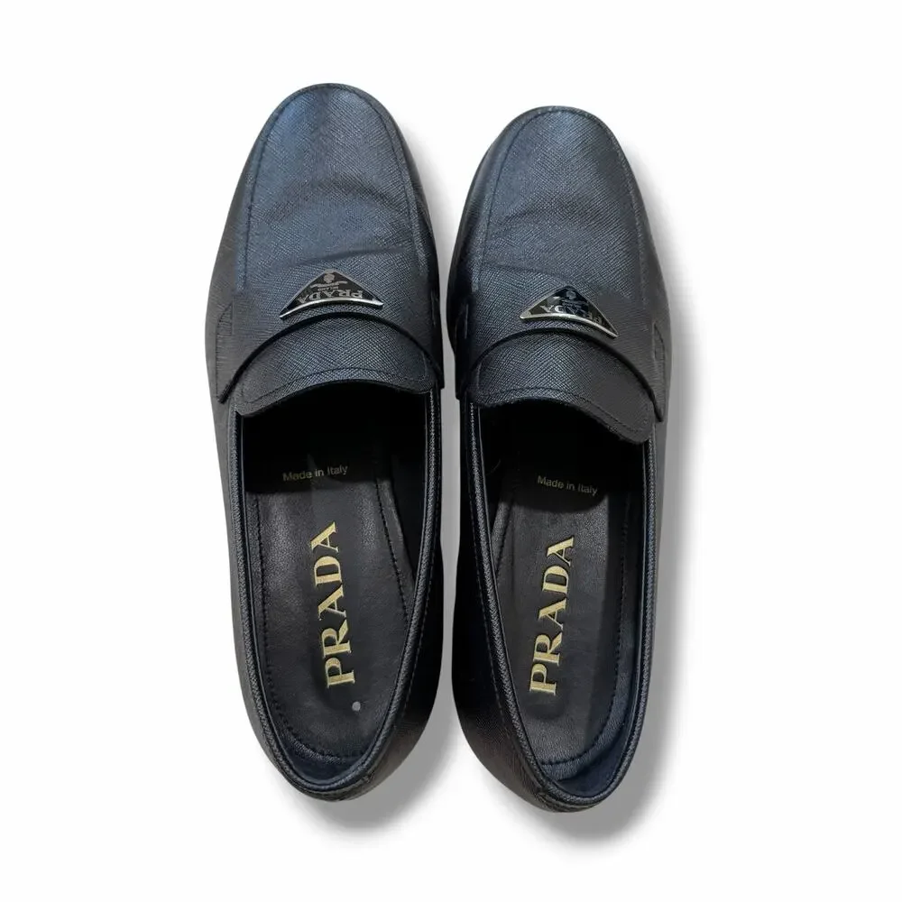 Prada Black Saffiano Leather Loafers Logo Unisex Men Size 6 - Women Size 9.5
